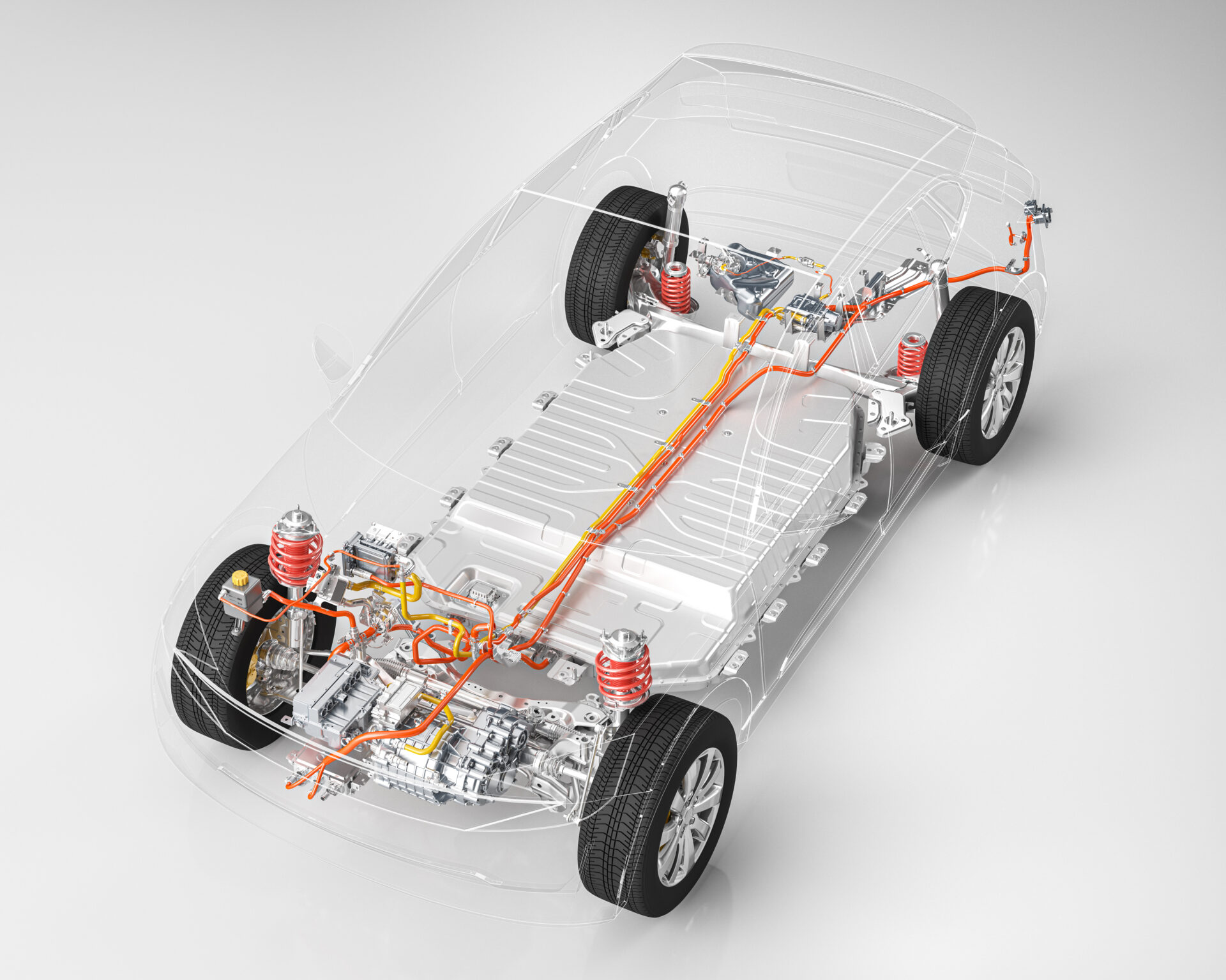 Modern electric car chassis x-ray vehicle battery in studio environment line art 3d render, BPZSe