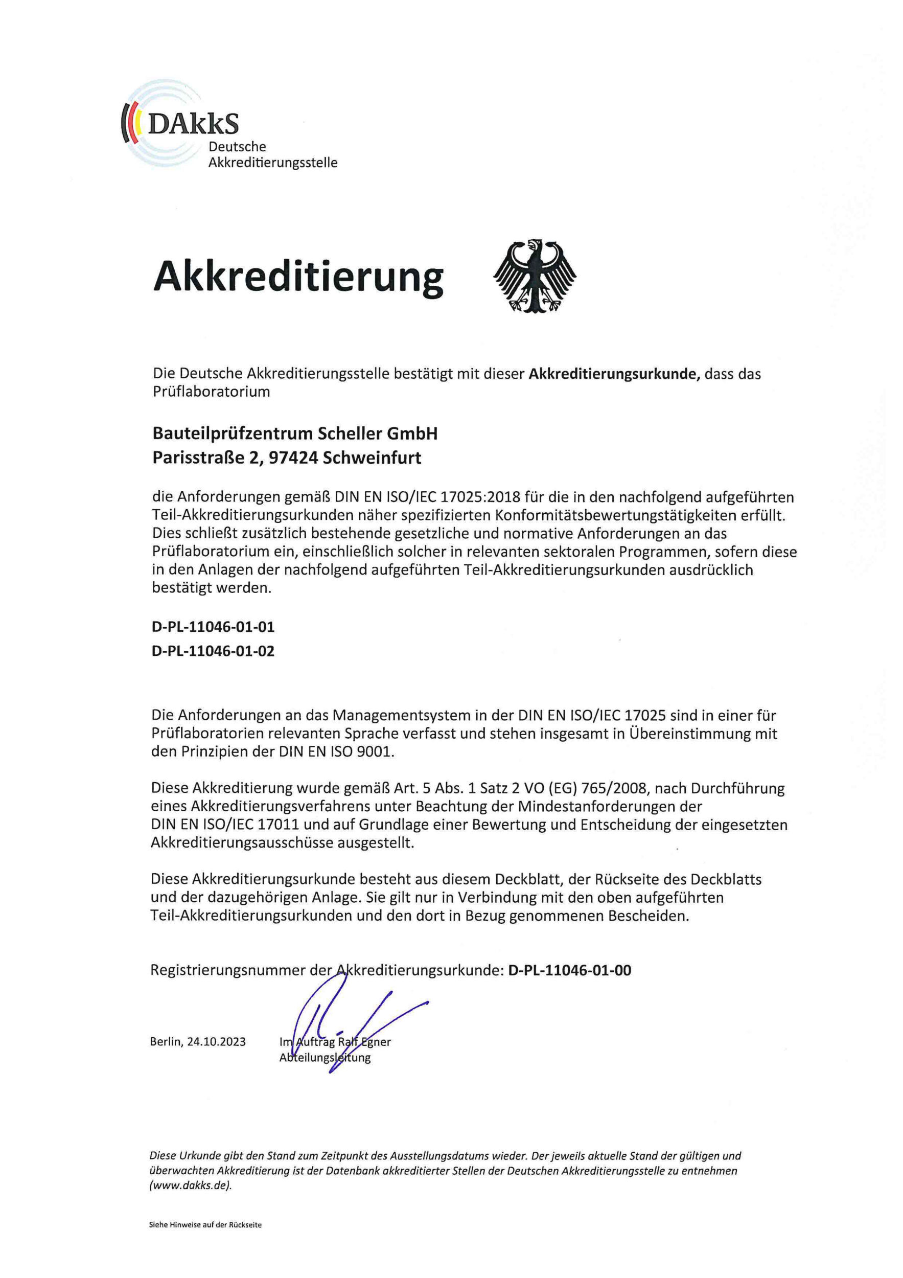 Akkreditierungsurkunde nach DIN EN ISO/IEC 17025 BPZS Bauteilprüfzentrum Scheller GmbH