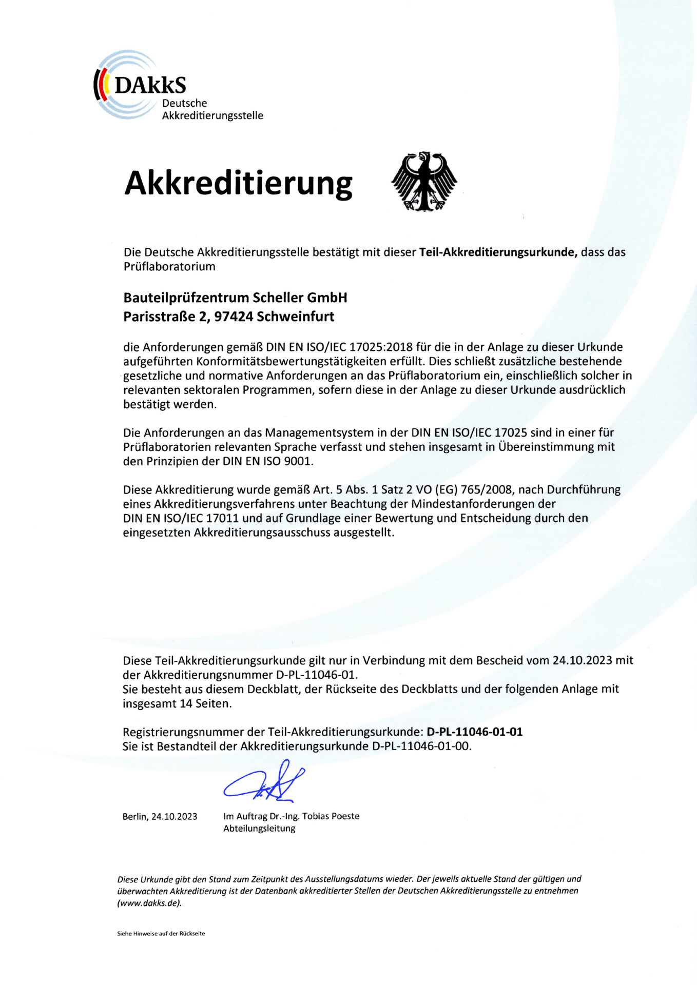 Akkreditierungsurkunde nach DIN EN ISO/IEC 17025 BPZS Bauteilprüfzentrum Scheller GmbH