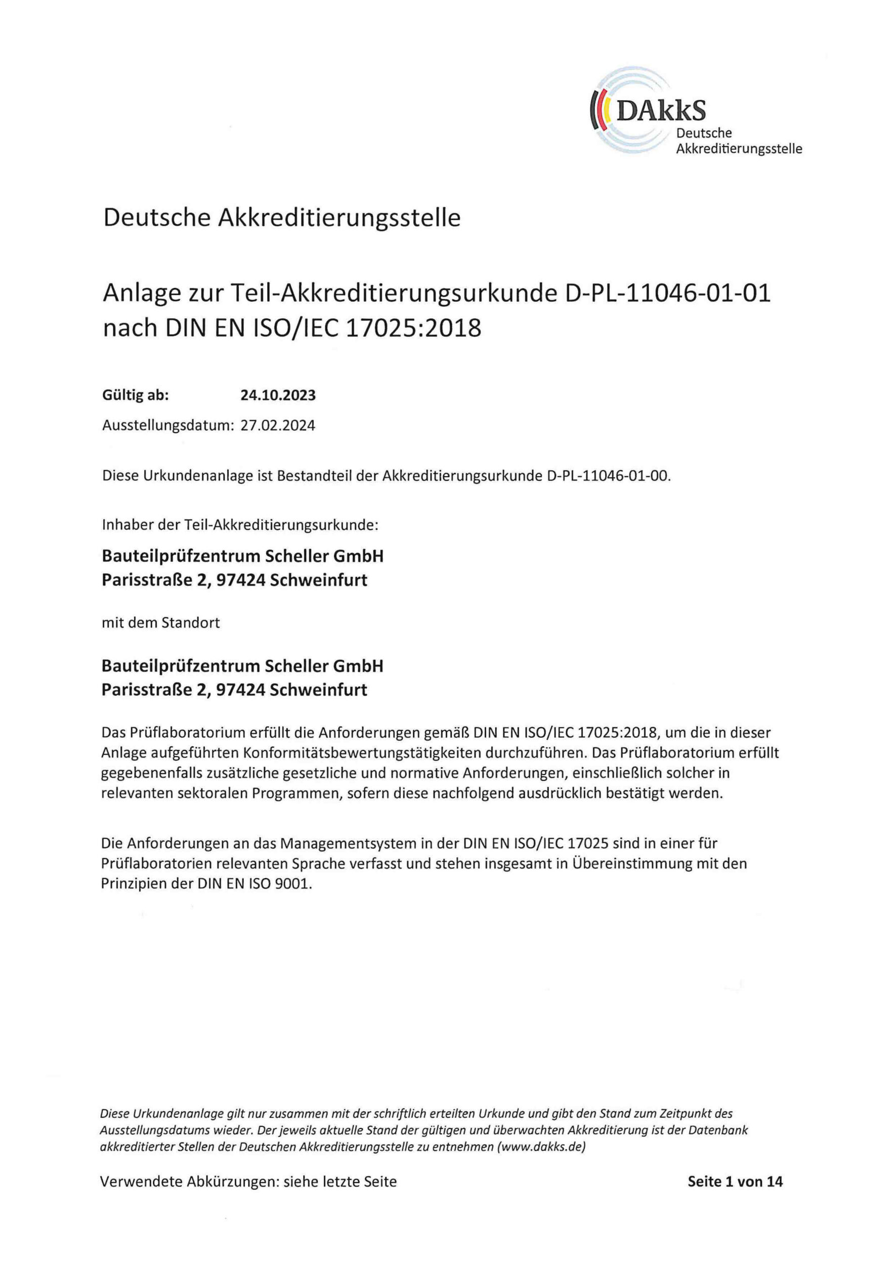 Anlage zur Teil Akkreditierungsurkunde für Umweltsimulationsprüfungen nach DIN EN ISO/IEC 17025:2018 BPZS Bauteilprüfzentrum Scheller GmbH