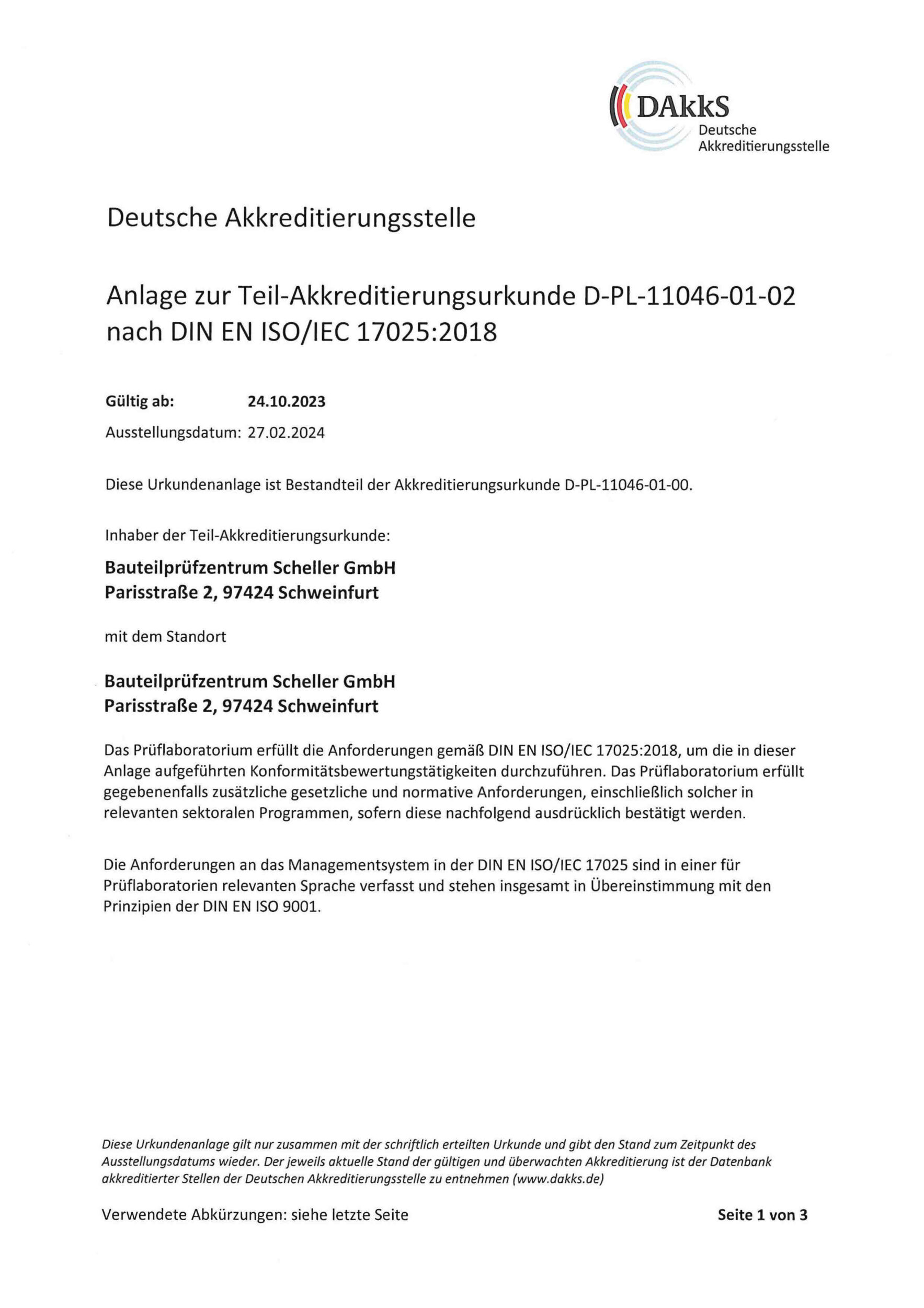 Anlage zur Teil Akkreditierungsurkunde elektrische Prüfungen nach DIN EN ISO/IEC 17025:2018 BPZS Bauteilprüfzentrum Scheller GmbH