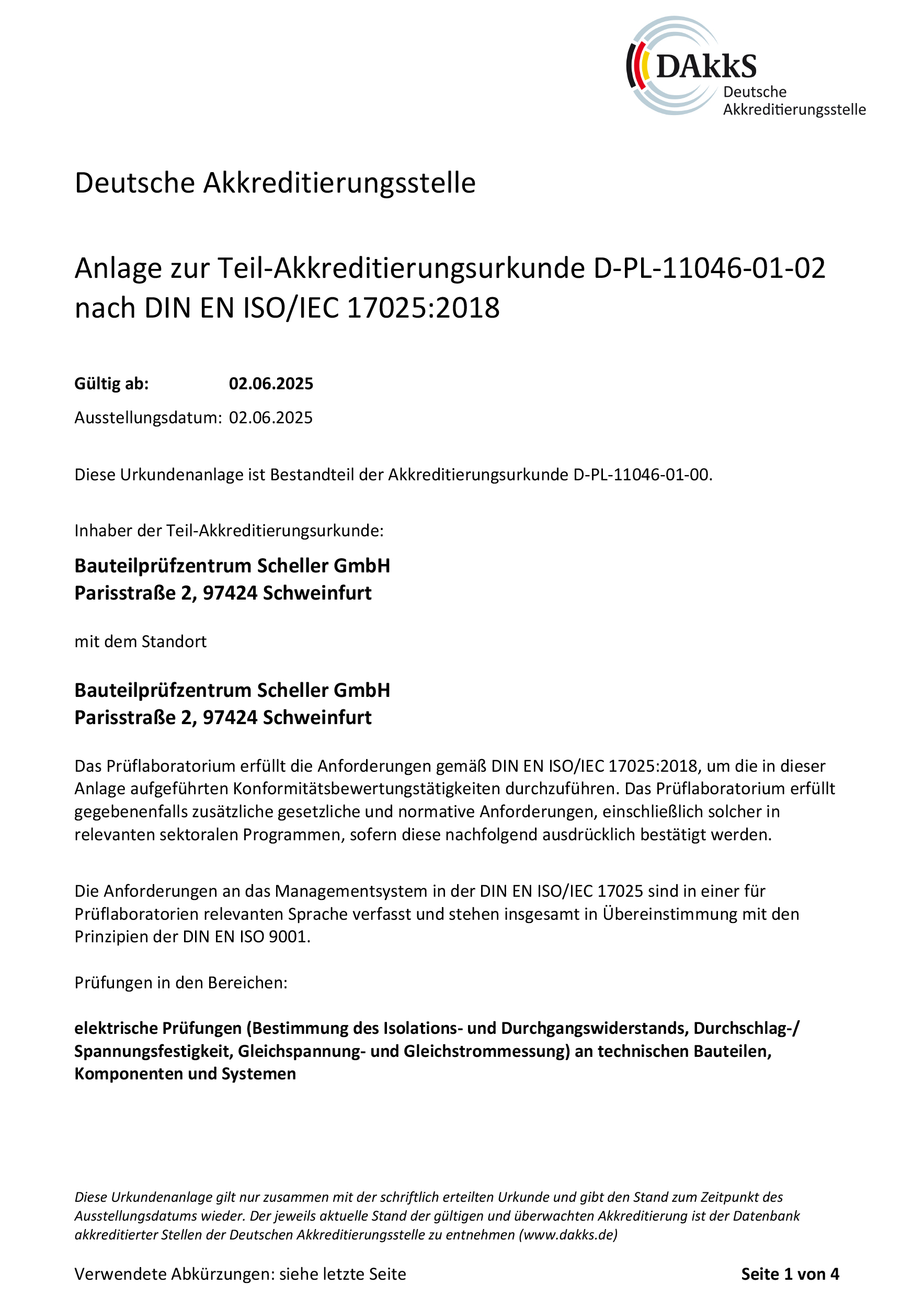 Anlage zur Teil Akkreditierungsurkunde elektrische Prüfungen