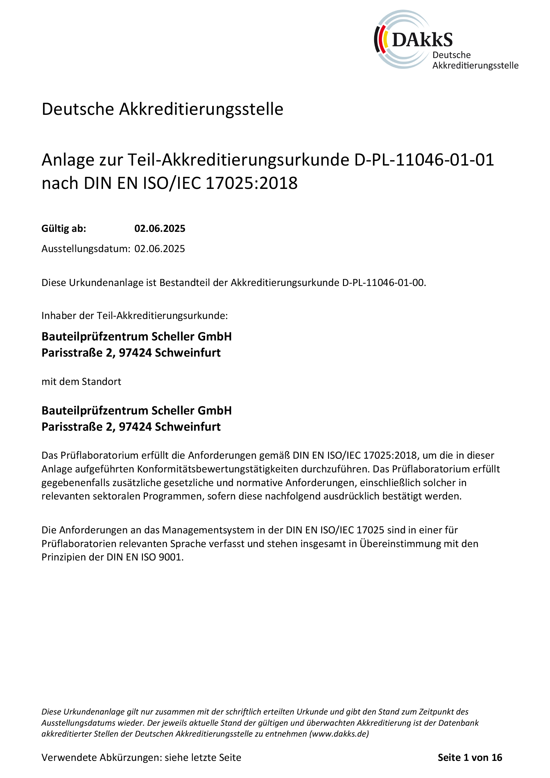 Anlage zur Teil Akkreditierungsurkunde für Umweltsimulationsprüfungen nach DIN EN ISO/IEC 17025:2018 BPZS Bauteilprüfzentrum Scheller GmbH
